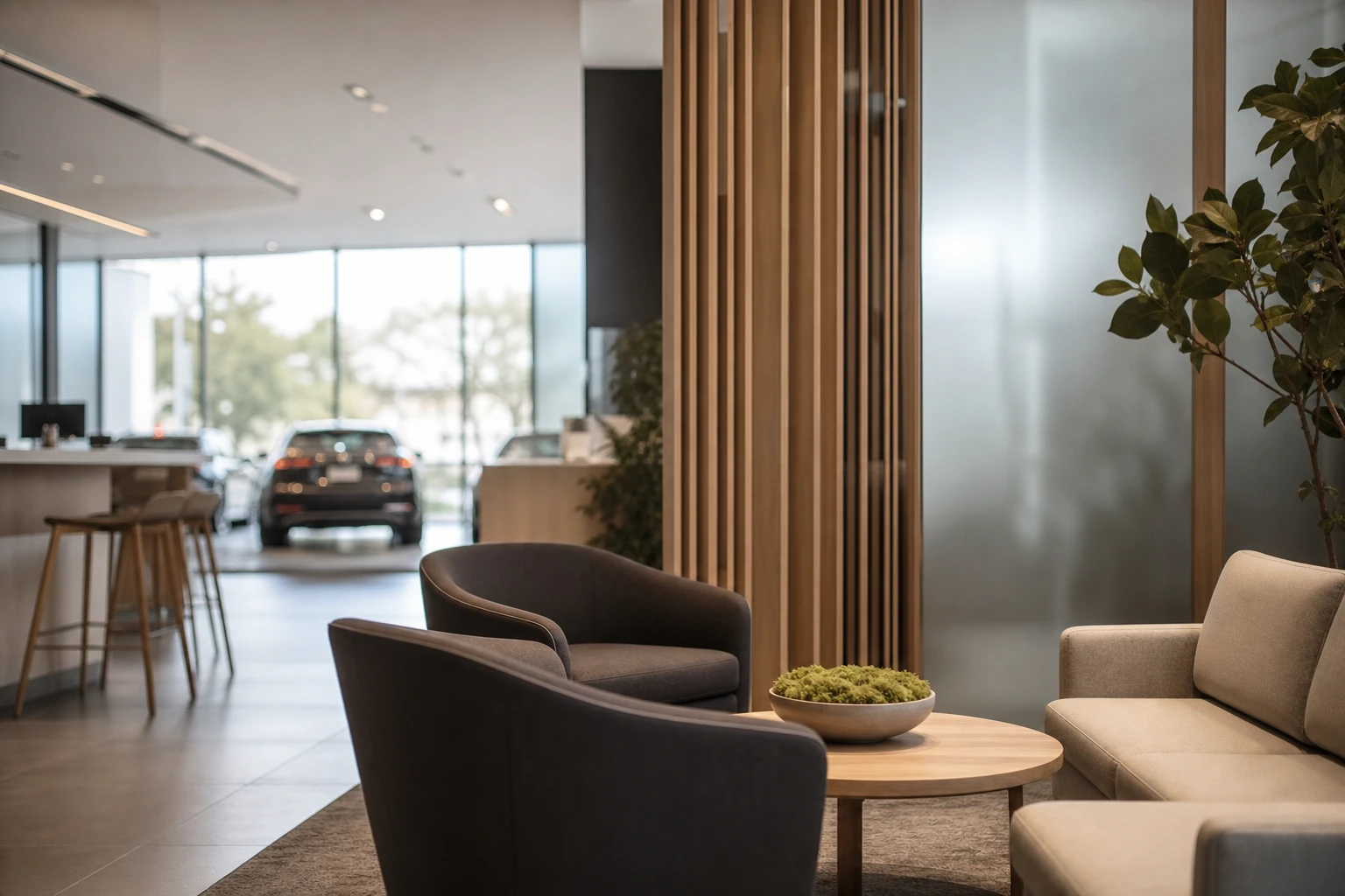 Calm, light-filled hospitality lounge